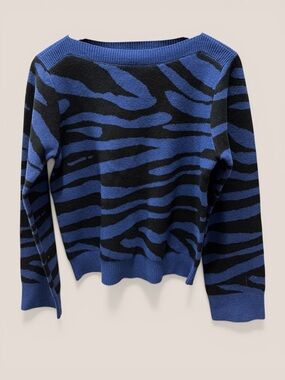 LOFT Blue and Black Zebra-Print Off-the-Shoulder Sweater